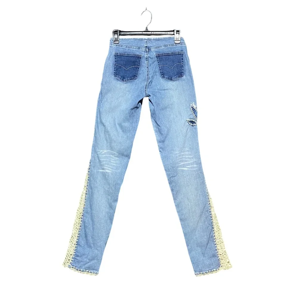 Illegal Jeans Womens Light Wash Crochet Lace Up Flare Denim Jeans Size 5 Y2K